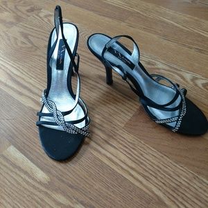 Formal Black Strappy Slingbacks with Rhinestones